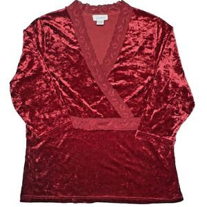 Vtg Avenue Red Crushed Velvet Lace Trim V Neck 3/4 Sleeve Top Babydoll 14/16 Y2K